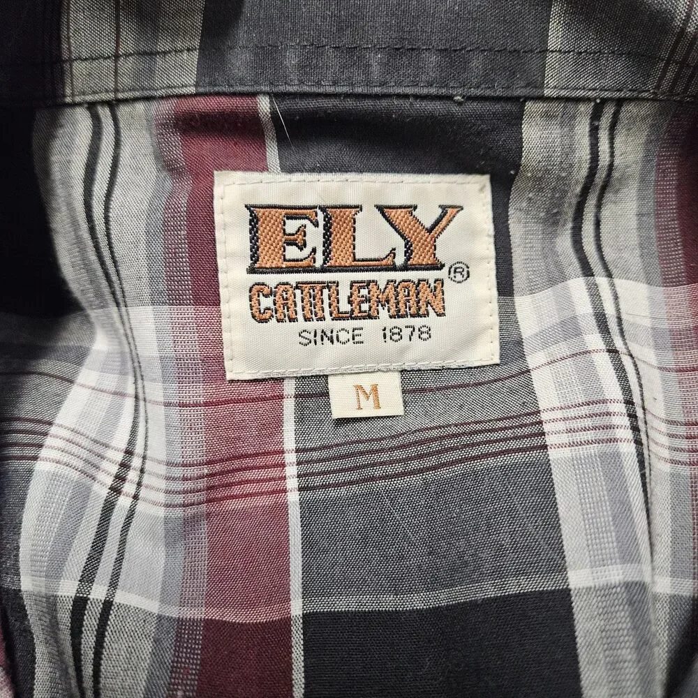 Ely Cattleman Vintage Pearl Snap Western Shirt Plaid Black Red Men's Medium